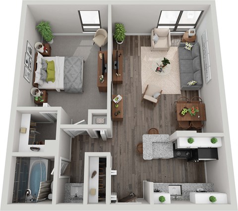 a 1 bedroom floor plan with a bathroom and a living room at Troy Place Apartments - Troy, MI, Troy